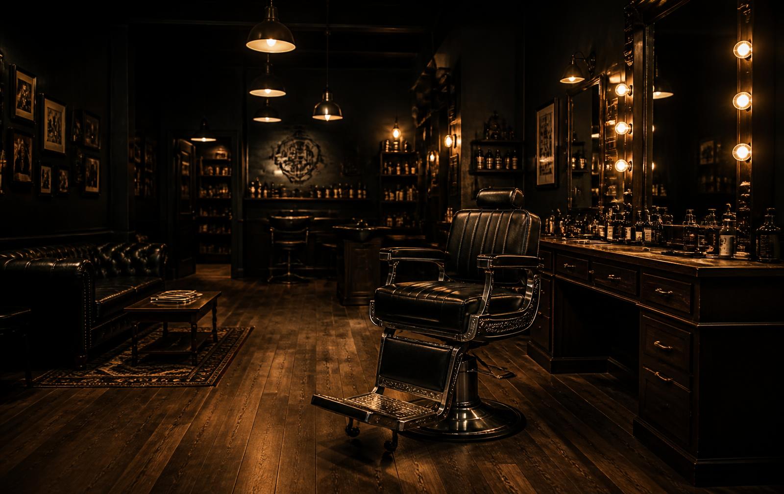 Interior da barbearia com cadeira de barbeiro clássica